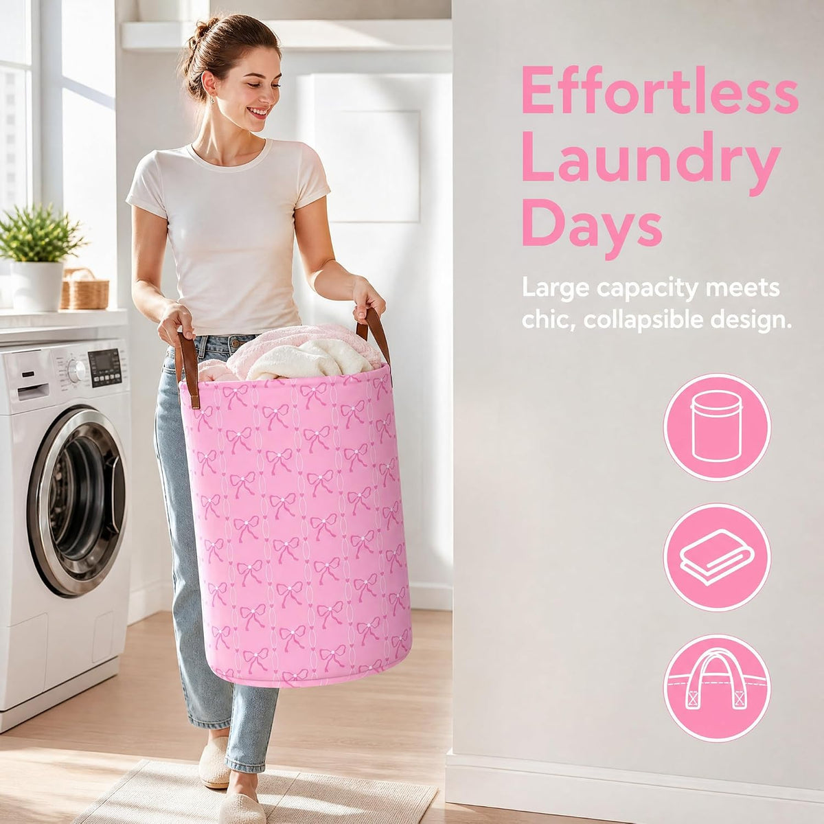 MYFLCOY Cute Bow Laundry Basket Collapsible Canvas Baby Nursery Gift hamper Teen Girls Coquette Bedroom Decor (Pink)