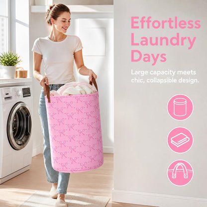 MYFLCOY Cute Bow Laundry Basket Collapsible Canvas Baby Nursery Gift hamper Teen Girls Coquette Bedroom Decor (Pink)
