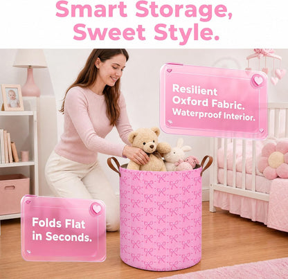 MYFLCOY Cute Bow Laundry Basket Collapsible Canvas Baby Nursery Gift hamper Teen Girls Coquette Bedroom Decor (Pink)