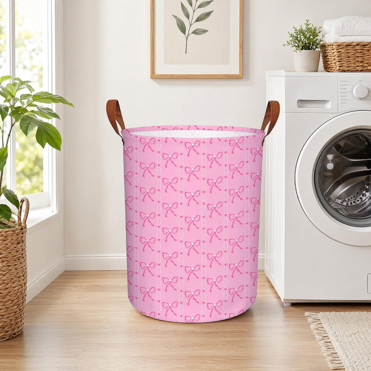MYFLCOY Cute Bow Laundry Basket Collapsible Canvas Baby Nursery Gift hamper Teen Girls Coquette Bedroom Decor (Pink)