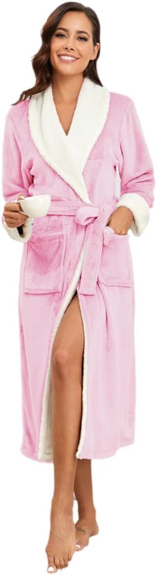 PajamaX Women's Fleece Shawl Collar Bathrobe Plush Soft Long Spa Robe Lightweight Fluffy Cozy Shower Bathrobe (M, Pink)
