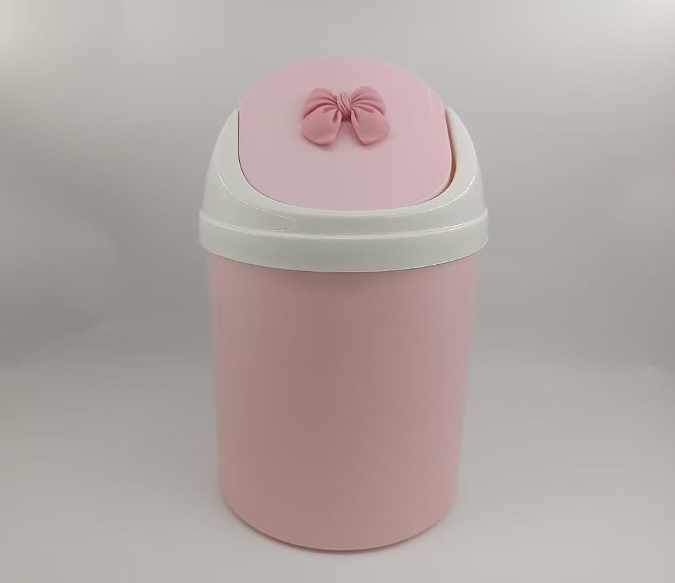 Mini Pink Desktop Trash Can with Swing Lid, Resin Bow Accent – 3.5L(0.92 Gal) Compact Odor Control Small Waste Bin, Durable Plastic Tabletop Garbage Pail
