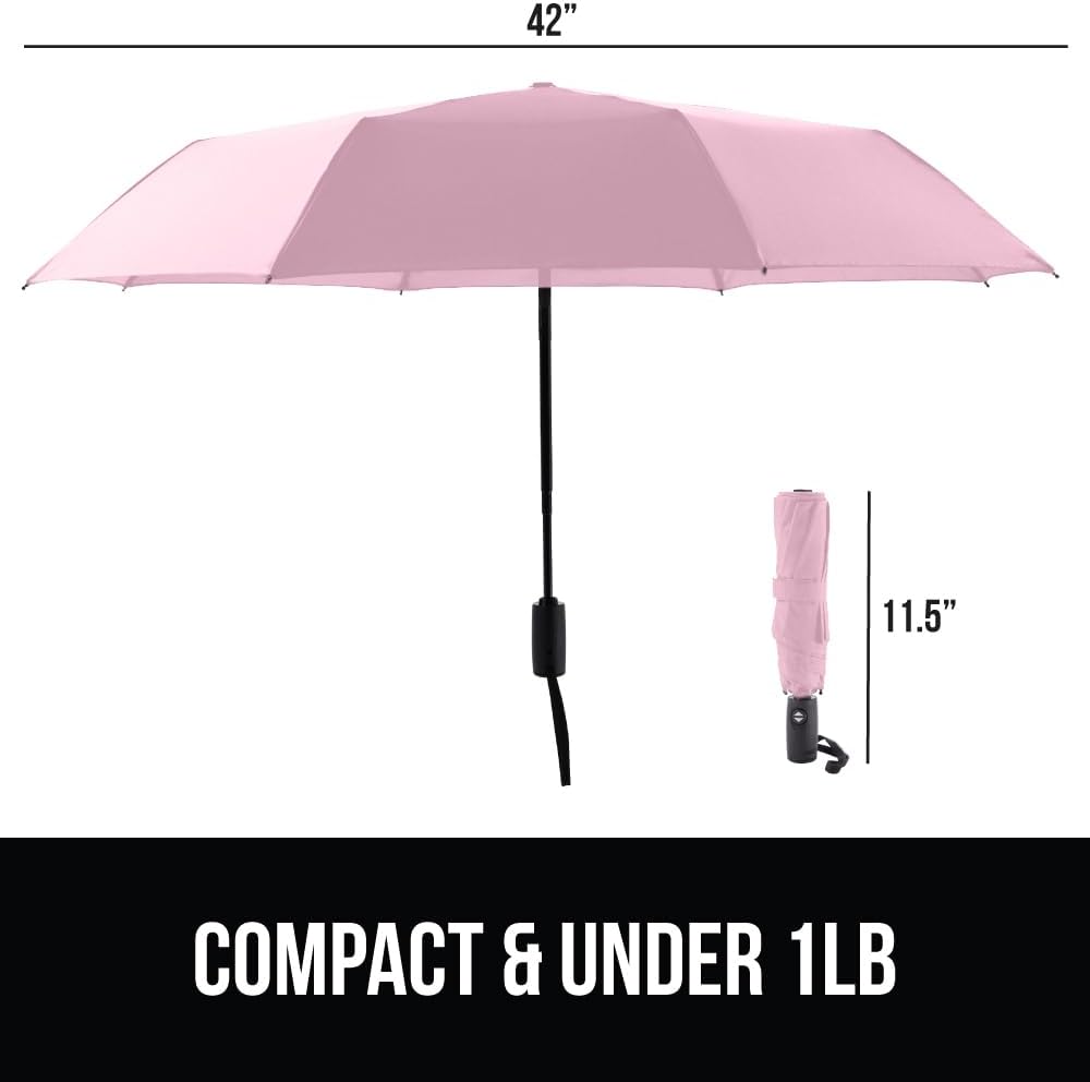 GORILLA GRIP Compact Travel Size Umbrella for Rain, Sleek Design Fits Backpack, Purse and Carry On, Lightweight Under 1lb, One Click Open and Close, Wind Resistant, Durable Waterproof Quick Dry, Pink