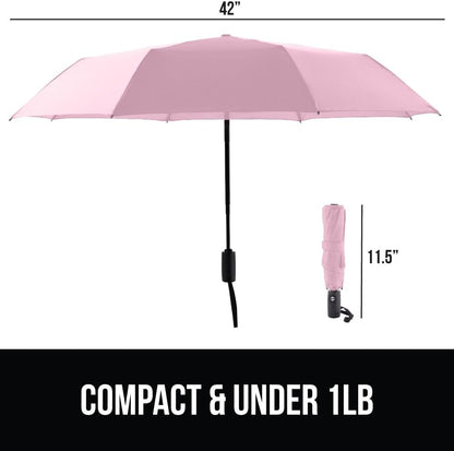 GORILLA GRIP Compact Travel Size Umbrella for Rain, Sleek Design Fits Backpack, Purse and Carry On, Lightweight Under 1lb, One Click Open and Close, Wind Resistant, Durable Waterproof Quick Dry, Pink