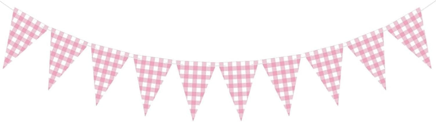 Pink Gingham Tea Party Disposable Tableware Set - 176-Piece Includes 9" & 7" Paper Plates, Cups, Napkins, Cutlery, Plus 1 Hanging Pennant Banner for Birthday, Baby Shower, Garden Party Decor