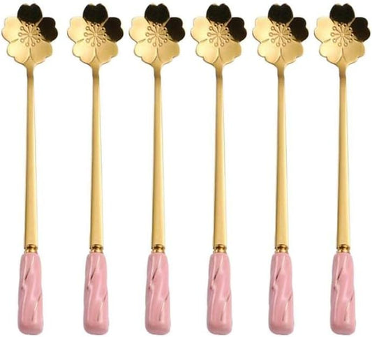 Stirring Spoon Iced Tea Coffee Spoon Stainless Steel Teaspoons Mixing Pink Gold - Set of 6 MBBITL Delicate Ceramic Handle Cherry Blossoms Shape