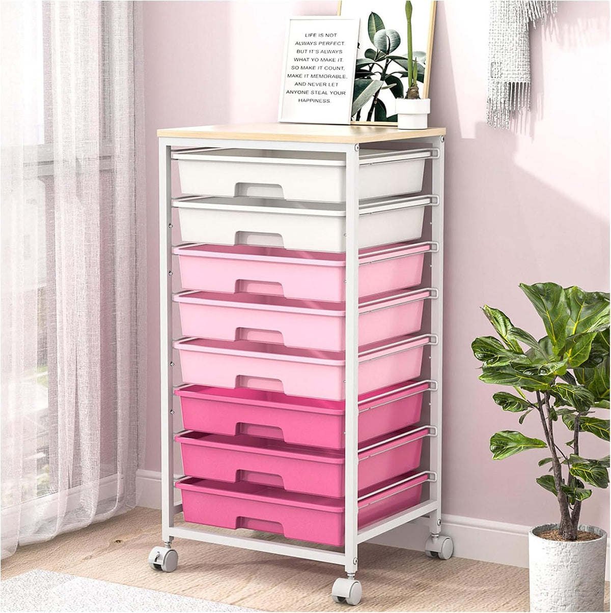 Rolling Cart with Drawers,Utility Cart with 8 Drawers,Rose Pink