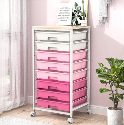 Rolling Cart with Drawers,Utility Cart with 8 Drawers,Rose Pink