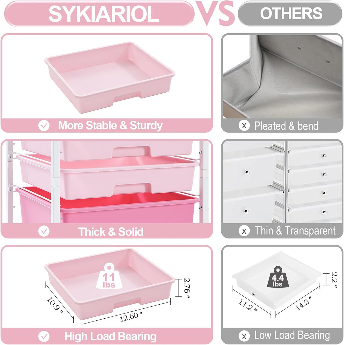 Rolling Cart with Drawers,Utility Cart with 8 Drawers,Rose Pink