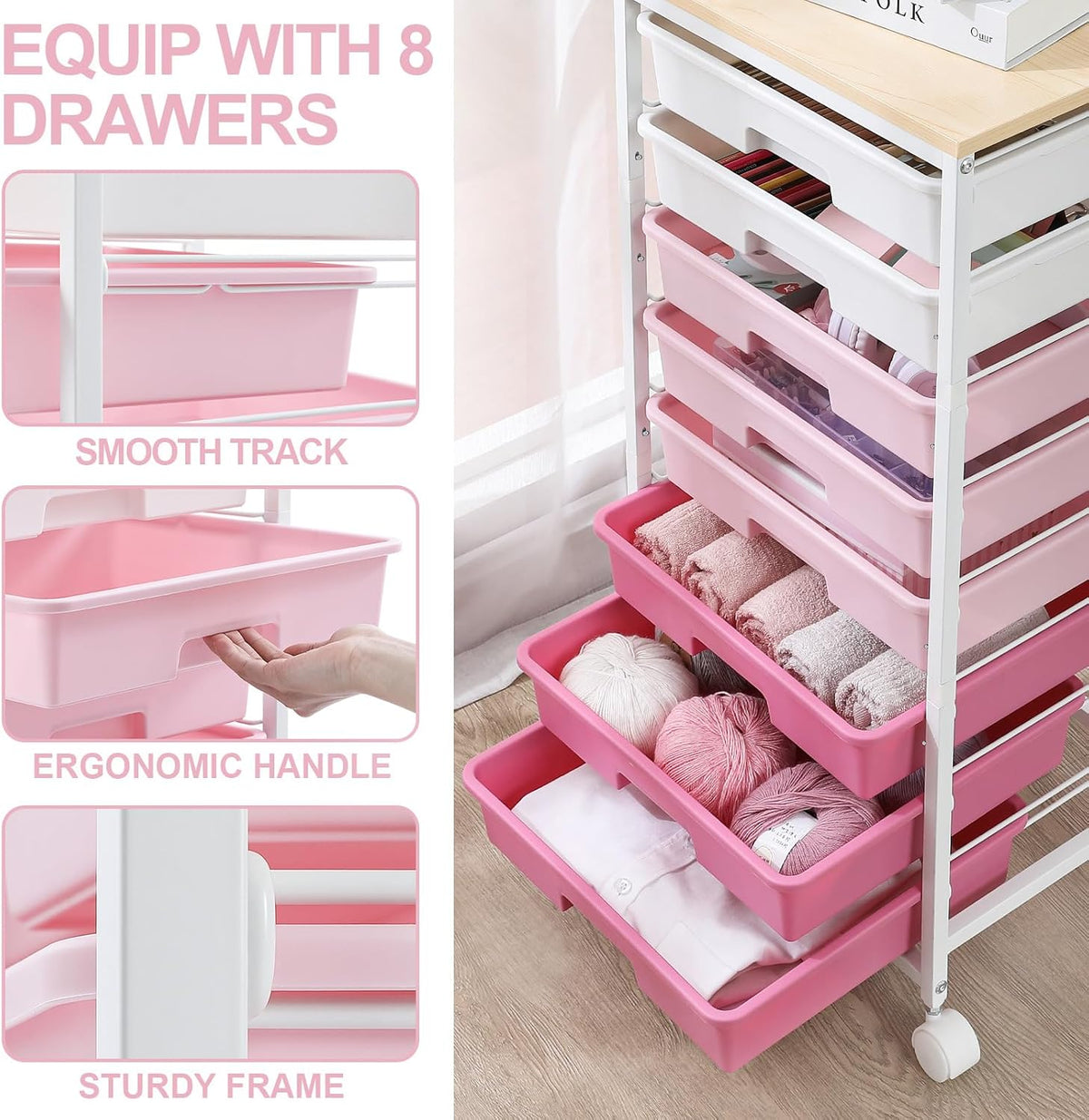 Rolling Cart with Drawers,Utility Cart with 8 Drawers,Rose Pink