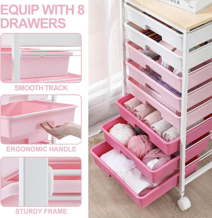 Rolling Cart with Drawers,Utility Cart with 8 Drawers,Rose Pink