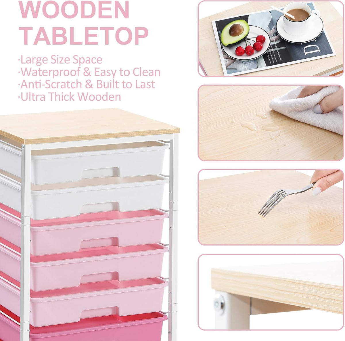 Rolling Cart with Drawers,Utility Cart with 8 Drawers,Rose Pink
