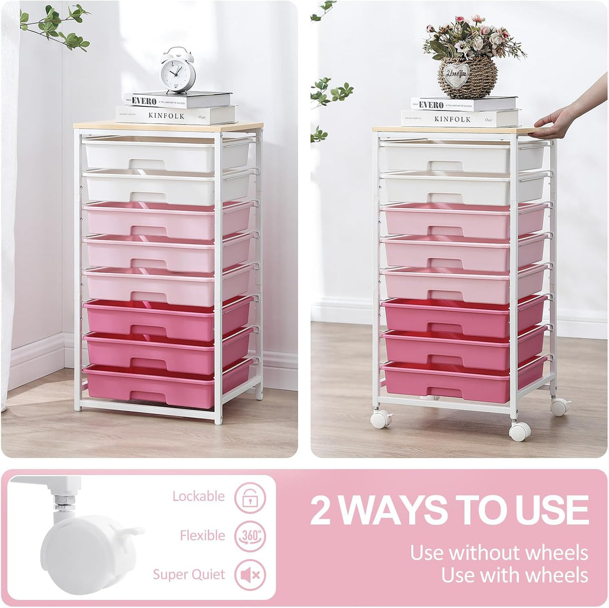 Rolling Cart with Drawers,Utility Cart with 8 Drawers,Rose Pink