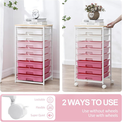 Rolling Cart with Drawers,Utility Cart with 8 Drawers,Rose Pink
