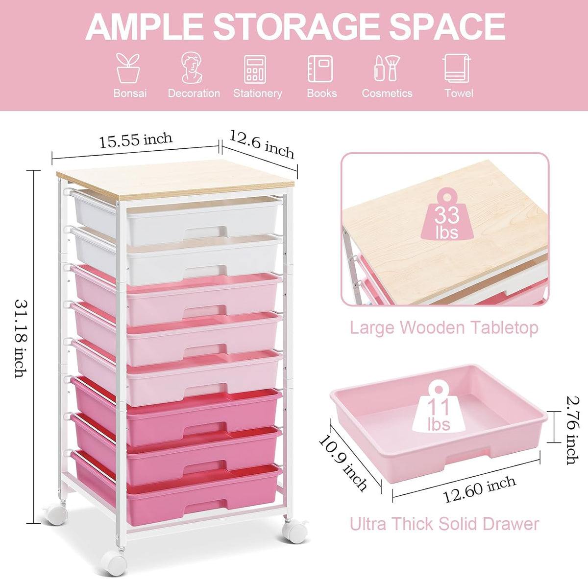 Rolling Cart with Drawers,Utility Cart with 8 Drawers,Rose Pink