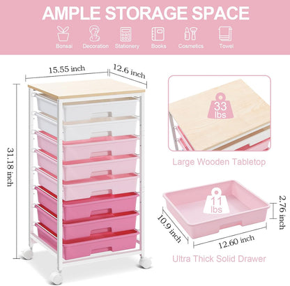 Rolling Cart with Drawers,Utility Cart with 8 Drawers,Rose Pink