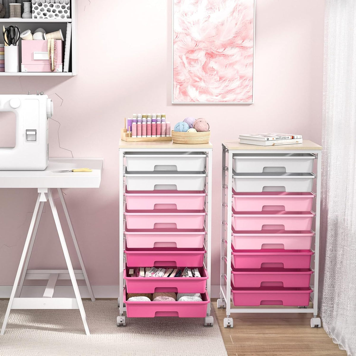 Rolling Cart with Drawers,Utility Cart with 8 Drawers,Rose Pink