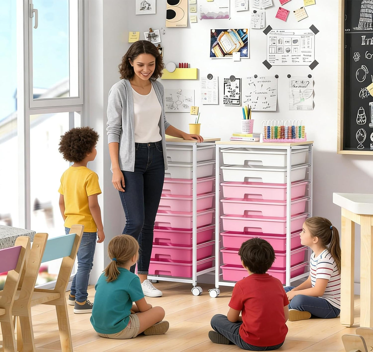 Rolling Cart with Drawers,Utility Cart with 8 Drawers,Rose Pink