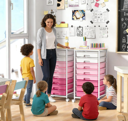 Rolling Cart with Drawers,Utility Cart with 8 Drawers,Rose Pink