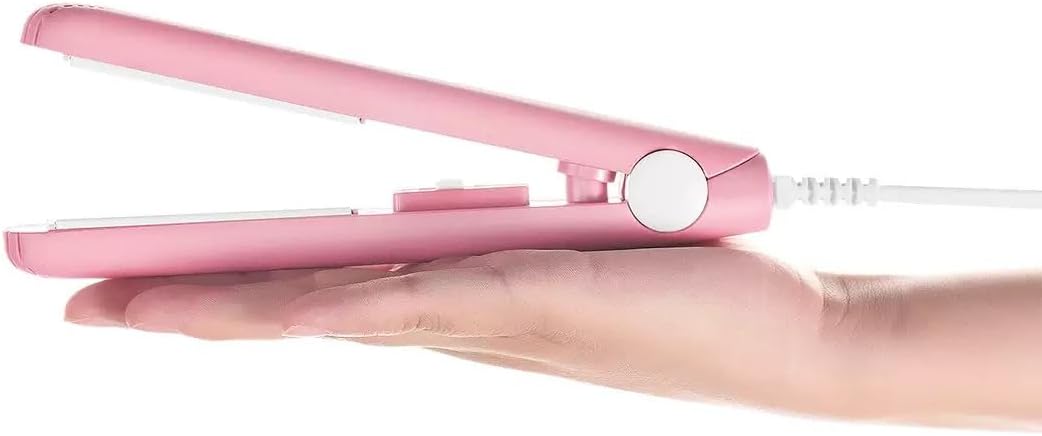 Cute Pink Werdeny Mini Ceramic Hair Curler & Straightener, 2-in-1 Curling Iron with 1/2 Inch Barrel for Short and Fine Hair