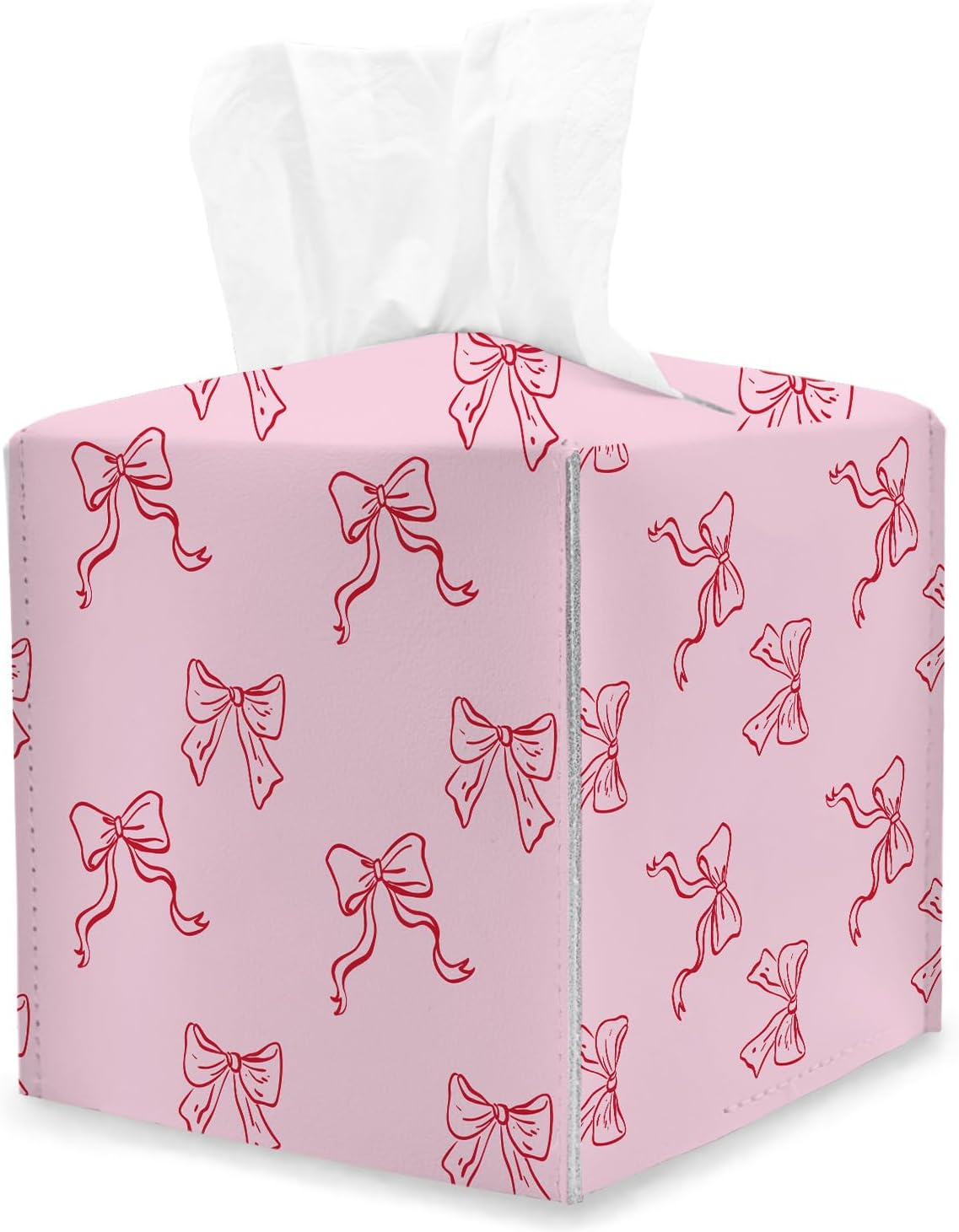 Pink Bow Tissue Box Cover Square, Coquette Cube Tissue Box Holder, Tabletop Decor Leather Facial Paper Organizer Dispenser for Bathroom Home Car Night Stand Living Room/23