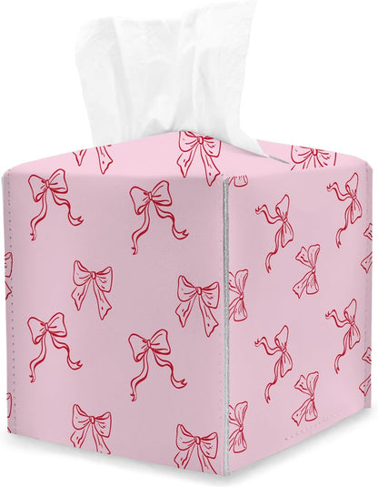 Pink Bow Tissue Box Cover Square, Coquette Cube Tissue Box Holder, Tabletop Decor Leather Facial Paper Organizer Dispenser for Bathroom Home Car Night Stand Living Room/23