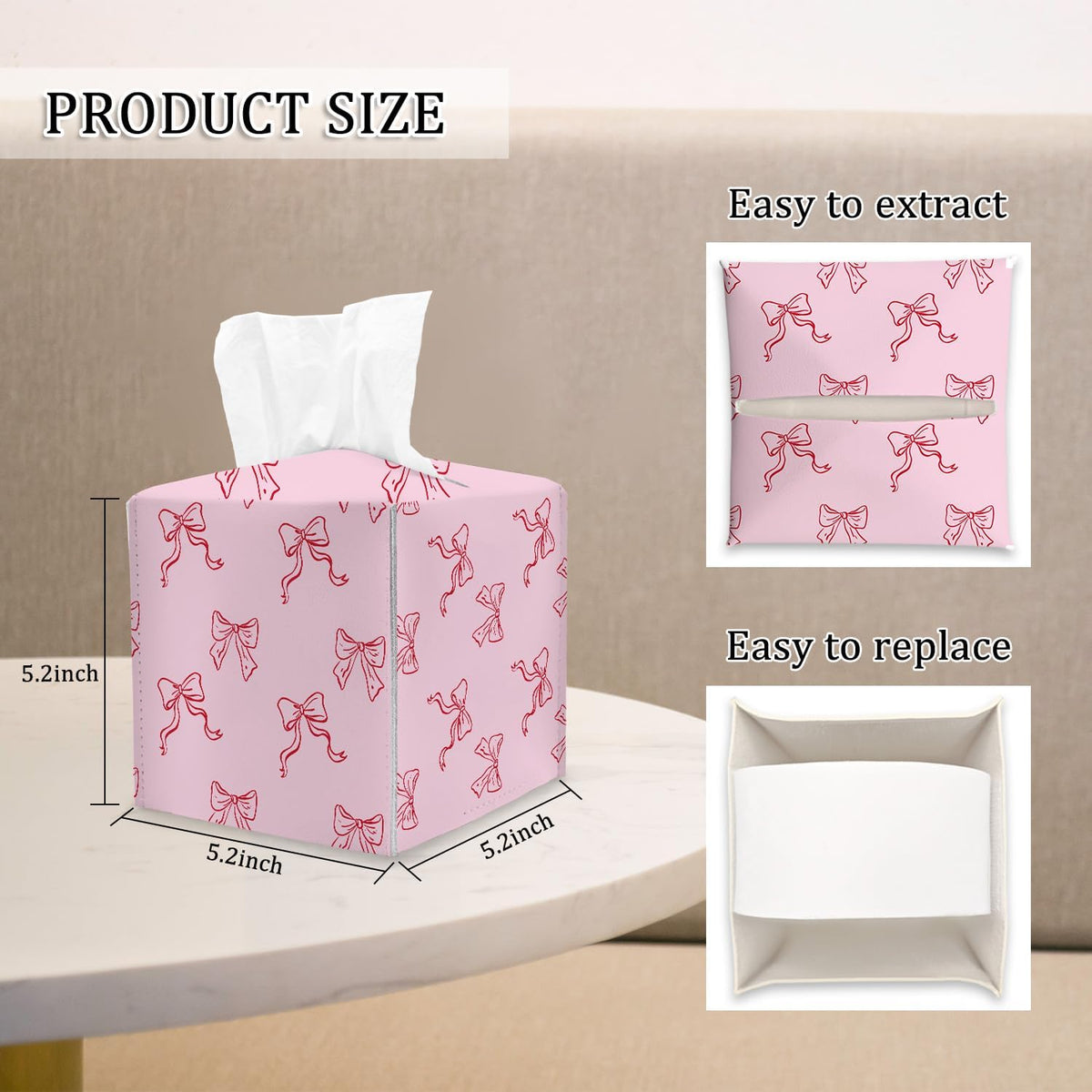 Pink Bow Tissue Box Cover Square, Coquette Cube Tissue Box Holder, Tabletop Decor Leather Facial Paper Organizer Dispenser for Bathroom Home Car Night Stand Living Room/23