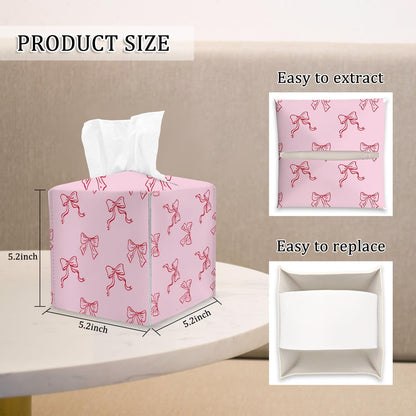 Pink Bow Tissue Box Cover Square, Coquette Cube Tissue Box Holder, Tabletop Decor Leather Facial Paper Organizer Dispenser for Bathroom Home Car Night Stand Living Room/23