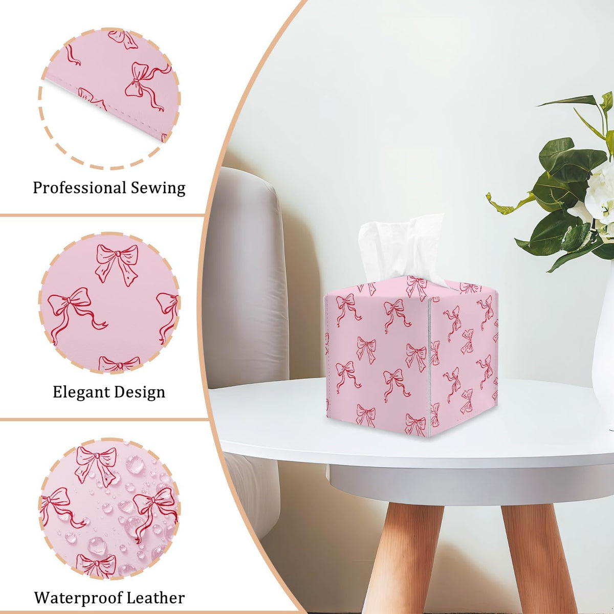 Pink Bow Tissue Box Cover Square, Coquette Cube Tissue Box Holder, Tabletop Decor Leather Facial Paper Organizer Dispenser for Bathroom Home Car Night Stand Living Room/23