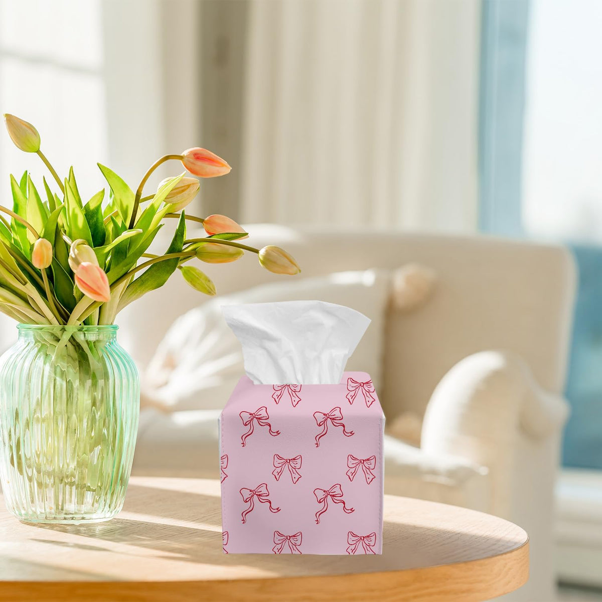 Pink Bow Tissue Box Cover Square, Coquette Cube Tissue Box Holder, Tabletop Decor Leather Facial Paper Organizer Dispenser for Bathroom Home Car Night Stand Living Room/23