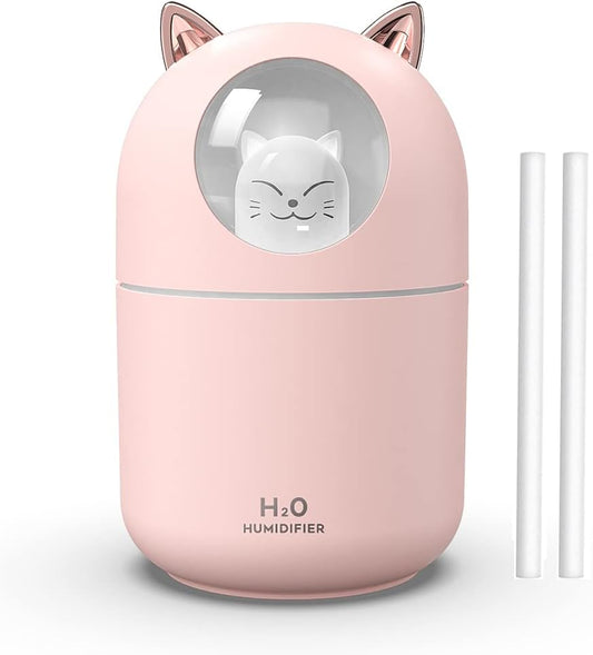 Portable 300ml Mini Cool Mist Humidifier With Night Light, USB Auto Shut-Off, Ultra-Quiet, 2 Spray Modes for Home Office Travel (Pink)