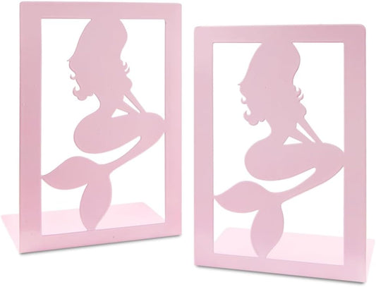 Pink Mermaid Bookends for Girls,Cute Mermaid Princess Bookends Metal Book Ends Shelves Organizer Metal Book Stands Journal Book Holder Reading Room Decorative Bookends for Office Home School