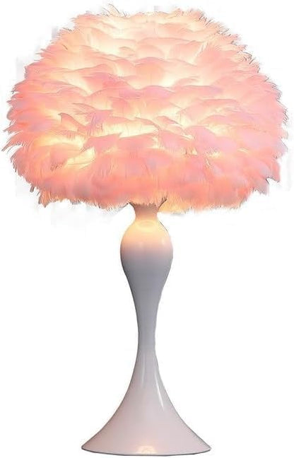 Elegant Soft Pink Feather Table Lamp with White Glossy Candlestick Base, 18.25-Inches Tall
