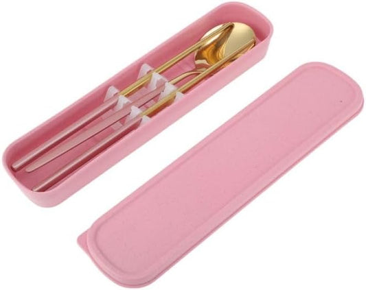 Livvera 2-Piece 410 Stainless Steel Spoon and Chopsticks Set, 9.33-Inch Portable Dining Set, Pink and Gold Tone