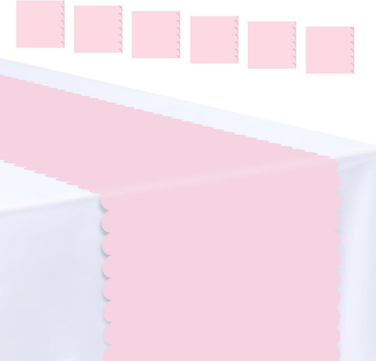 6 PCS Light Pink Scalloped Table Runner Plastic 14 x 108 Plastic Runners for Birthday Wedding Baby Shower Party Holiday Table Centerpiece Decorations Disposable Table Runner