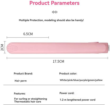 Mini Straightener, Multi-Color Plates, Quick Heating, Damage-Free, Bangs Clip, Dual-use for Curling and Straightening (Pink)