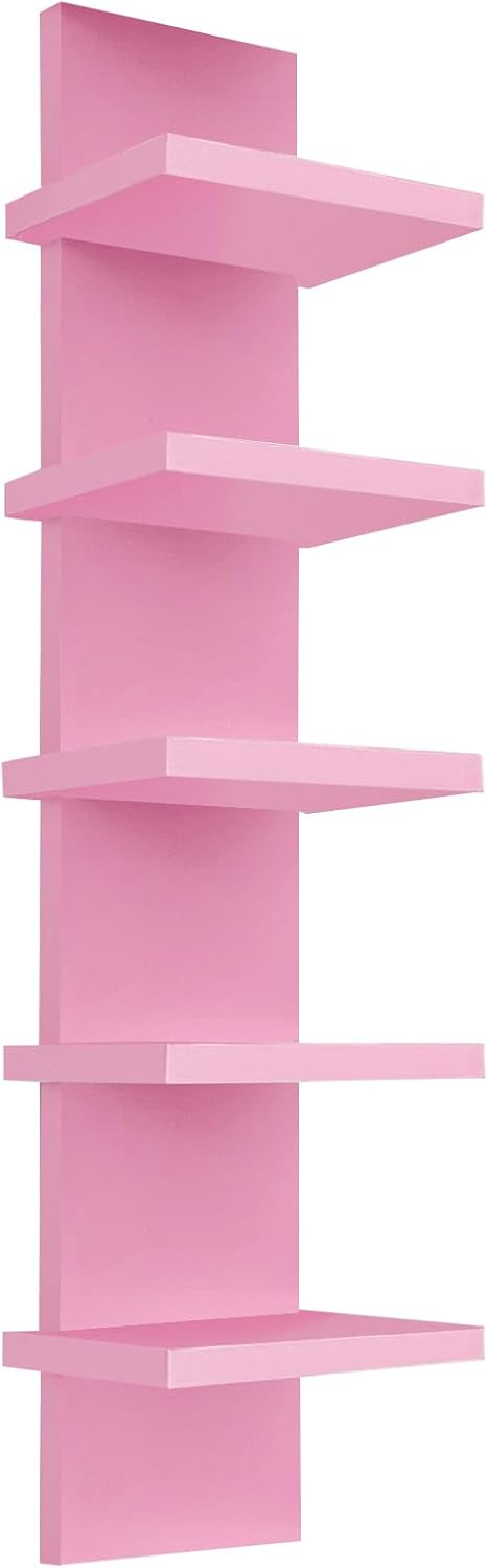 YEXEXINM 5 Tier Wall Shelf Unit - Narrow Smooth Laminate Finish - Vertical Column Wall Decor Mount Floating Storage Home Decor Organizer Tall Tower Utility Shelf for Bedrooms, Living Rooms(Pink)…