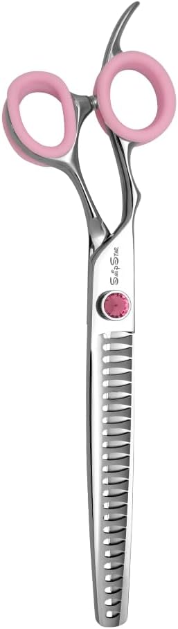 7.5in Left Handed Professional Dog Grooming Scissors Chunker, VG10 Steel Pet Shears Sharp Shark-Tooth Blade, 24 Teeth Dog Cutting Scissors for Groomer at Home Use, Thinning Rate 65%, Pink