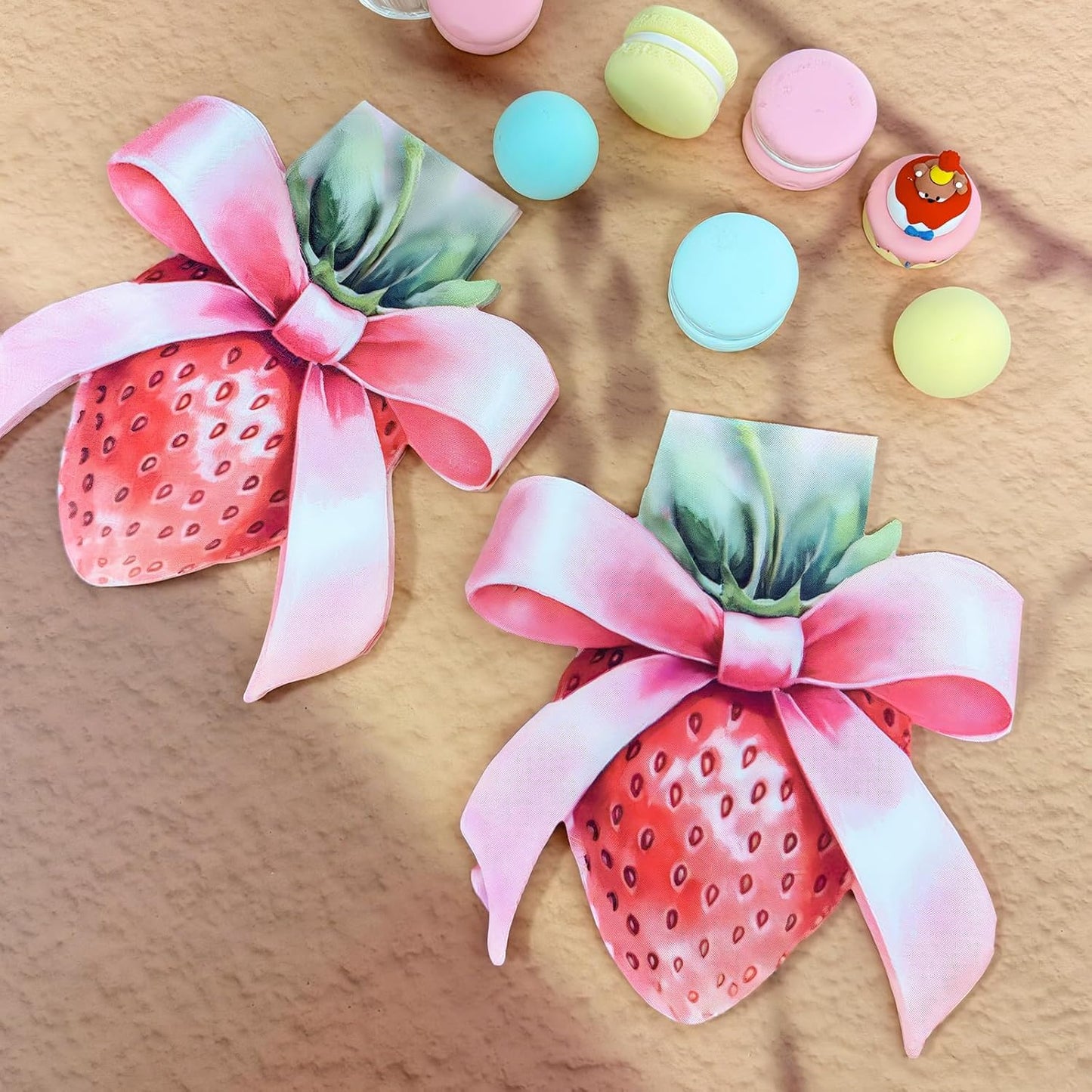 WRAPAHOLIC 20Pcs Strawberry Paper Napkins - 2 Ply Strawberry Bow Shape Design Disposable Luncheon Napkin for Wedding, Girls Birthday Party and Tea Party - 6.3 x 5.9 In
