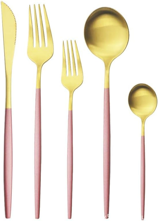5/20/30/40/50/60pcs Pink Silver Stainless Steel Cutlery Set Portuguese Matte Flatware Set, Tea Spoon(Pink Gold,1Set-5Pcs)