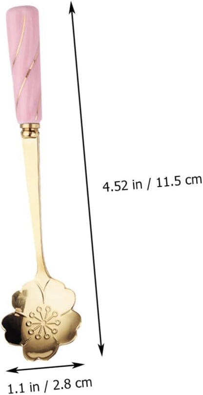 Mobestech 4pcs Dessert Spoons with Elegant Flower Ceramic Handles Creative Mixing and Cake Serving Utensils Stylish Pink Gold Design Practical for Coffee Tea and Beverages