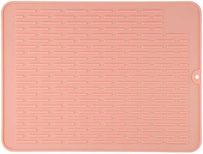 Silicone Dish Drying Mat for Kitchen Counter, Non-Slip Sink Liner with Raised Stripes, Heat Resistant & Easy to Clean, Large 15.75x11.81 Inch Draining Pad(Pink)