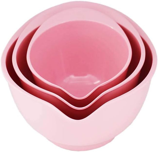 M&B GWPP Melamine Plastic Round Salad Bowl with Pouring Spout & Anti-Slip Bottom, Set of 3 assorted sizes Mixing Bowls for indoor Restaurant or Outdor Picnic and Camping. (Pink)