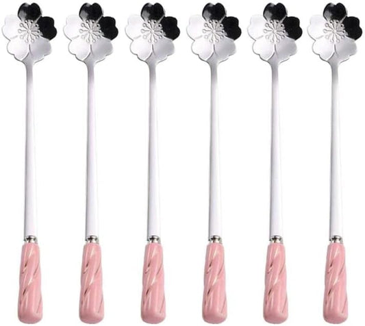 Dessert Spoon Ice Cream Coffee Spoon Stainless Steel Teaspoons Stirring Pink Silver - Set of 6 MBBITL Delicate Ceramic Handle Cherry Blossoms Shape