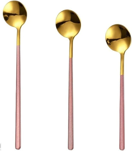 Silverware Set, 3/12/18/24/30/36pcs 304 Stainless Steel Coffee Spoon Set - Small Round Mixing Spoon for Honey/Mug, Korean Souvenir, Home Cutlery Flatware Set(Pink Gold,4 Pieces)