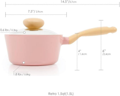 Neoflam Retro 1.5QT Saucepan with Lid – 7" (18cm) Heavy-Duty Nonstick Ceramic Coated Sauce Pot with Bakelite Handle, Pink Color, Dishwasher Safe, Elegant Kitchen Cookware, Made in Korea