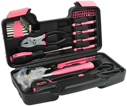39-Piece Pink Tool Set - General Household Hand Tool Kit with Plastic Toolbox Storage Case, Compact and Portable for DIY Projects, Home Repairs & Maintenance