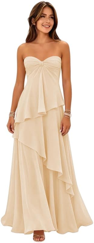 Strapless Bridesmaid Dresses Long for Women Chiffon Tiered Aline Formal Evening Dress ZU171