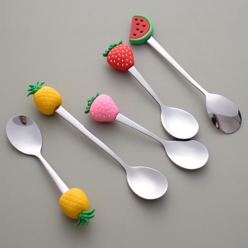 Silverware Flatware Set, 1/4/6/8/10/12 Pcs Creative Cute Fruit Spoon Household Stainless Steel Stirring Spoon Short Handle Spoon Yogurt Ice Cream Spoon Dessert Spoon(Pink,12 Pieces)