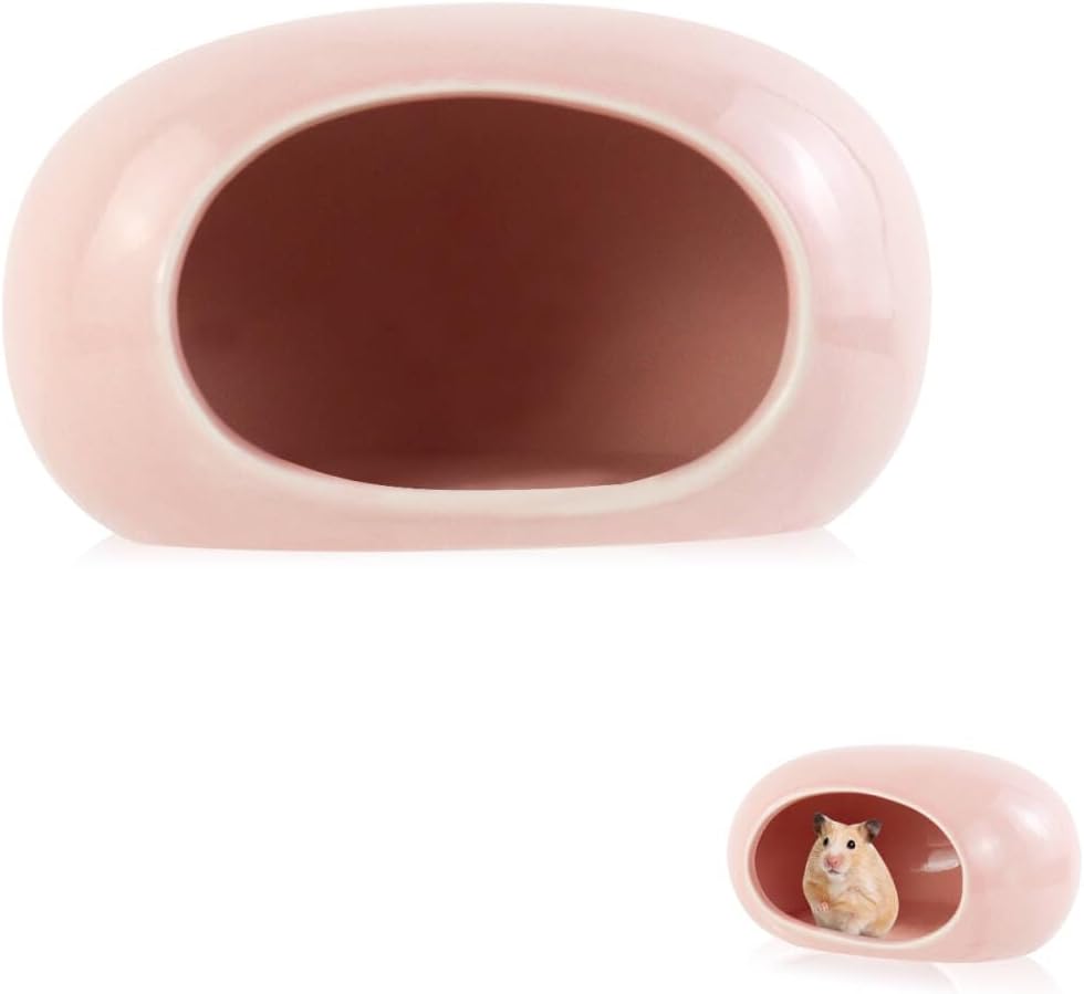 Ceramic Hamster Hideout, Cooling Hamster House All-Season Small Animal Cave, Easy to Clean Cave for Dwarf Hamsters, Gerbils, Mice (Pink)